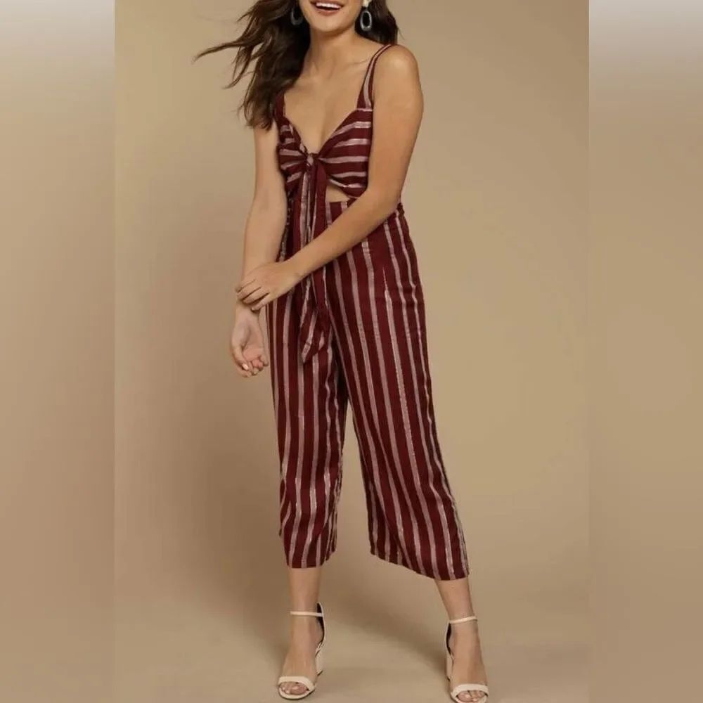 Beach Riot Owen Woven Wine Metallic Stripe Front Cutout Knotted Jumpsuit XS